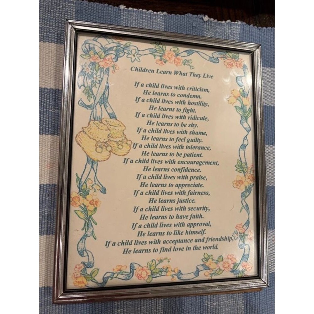 Beautiful vintage framed Poem chicken learn what they love red description